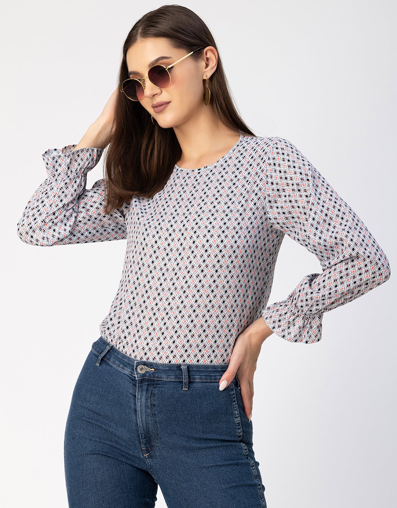Long Sleeve Round Neck Printed Georgette Top