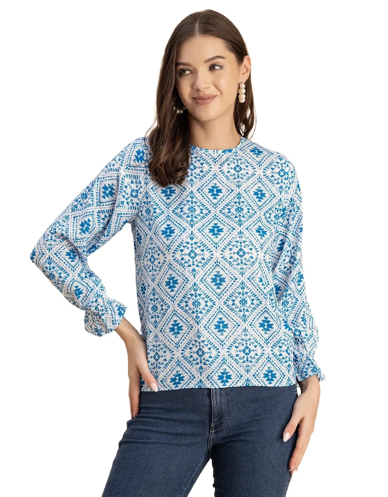 Long Sleeve Round Neck Printed Georgette Top