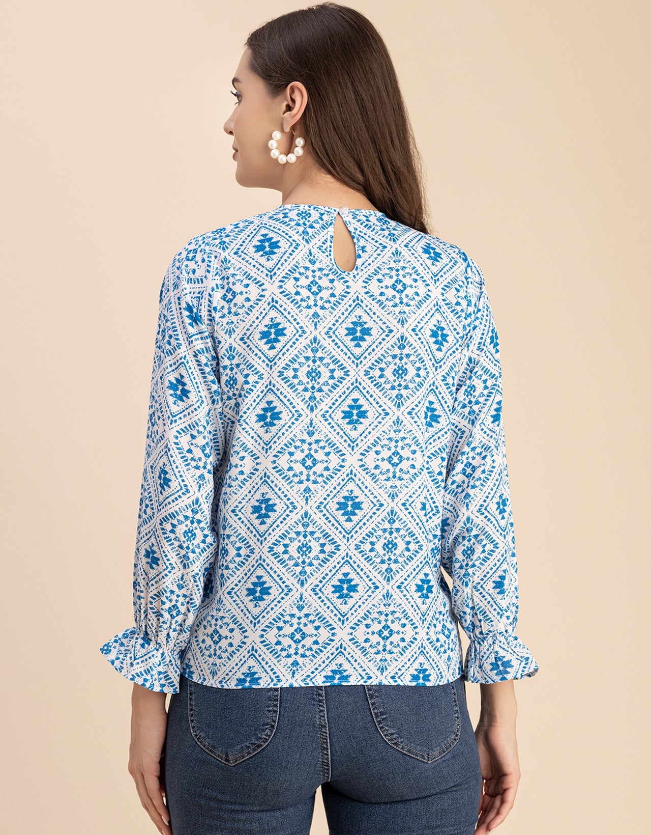 Long Sleeve Round Neck Printed Georgette Top