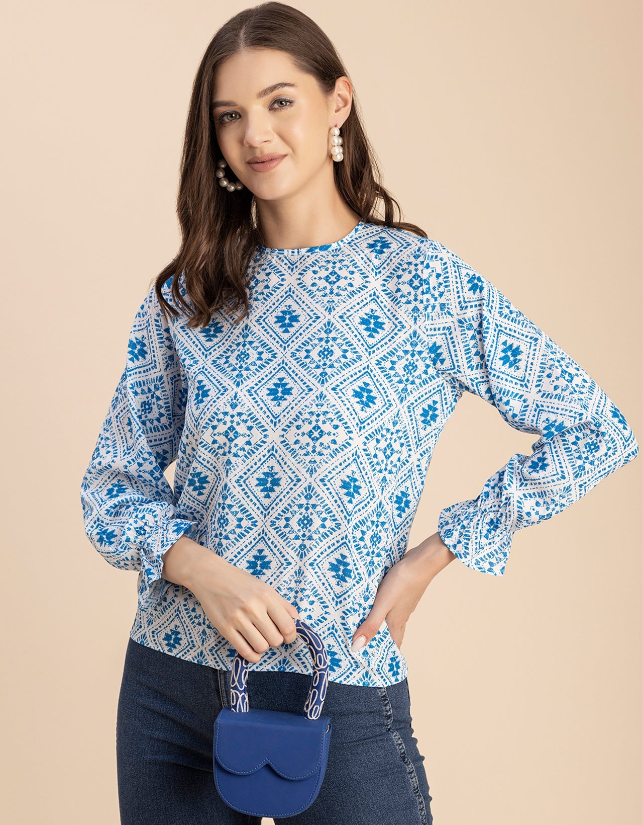 Long Sleeve Round Neck Printed Georgette Top