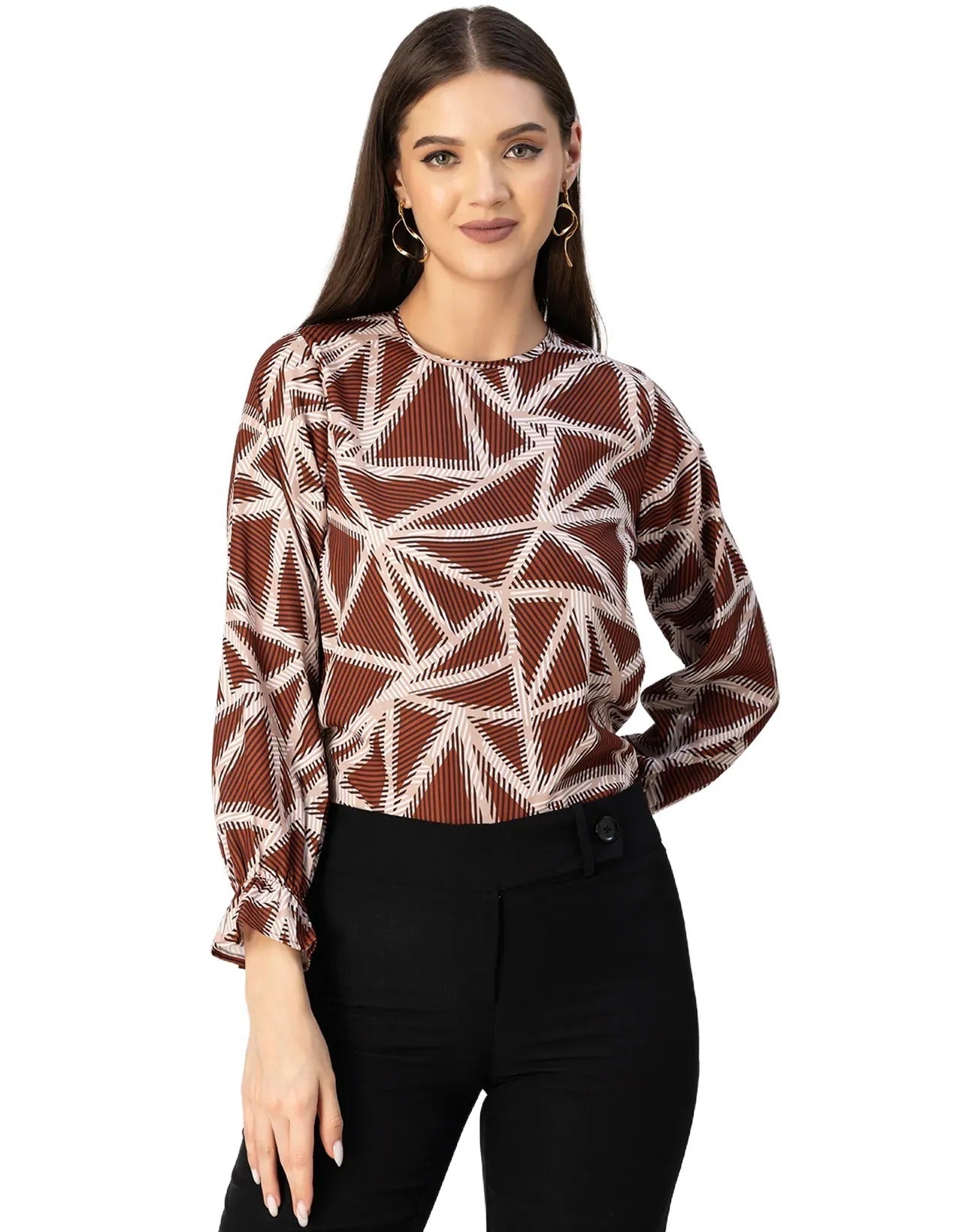 Long Sleeve Round Neck Printed Georgette Top