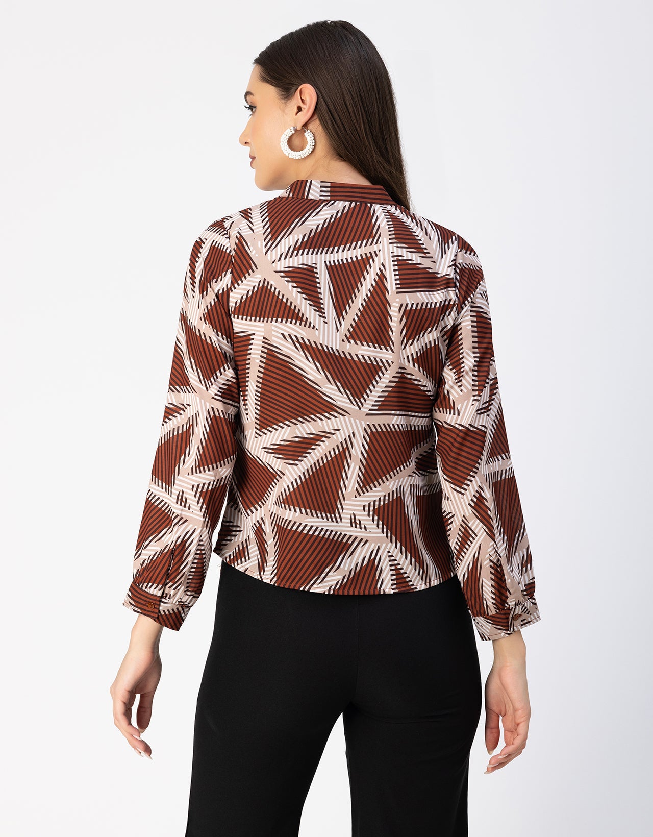 Long Sleeve Round Neck Printed Georgette Top