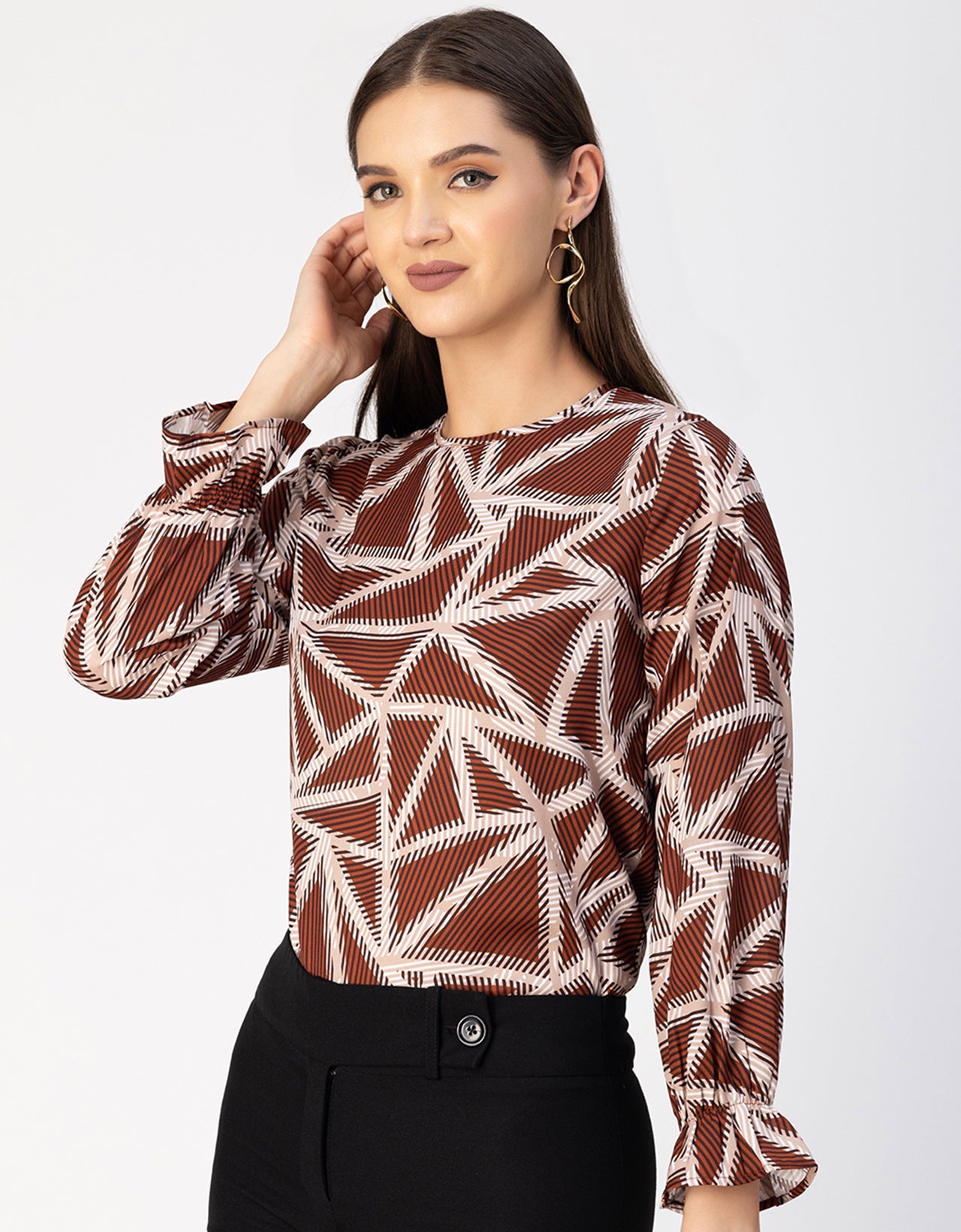 Long Sleeve Round Neck Printed Georgette Top