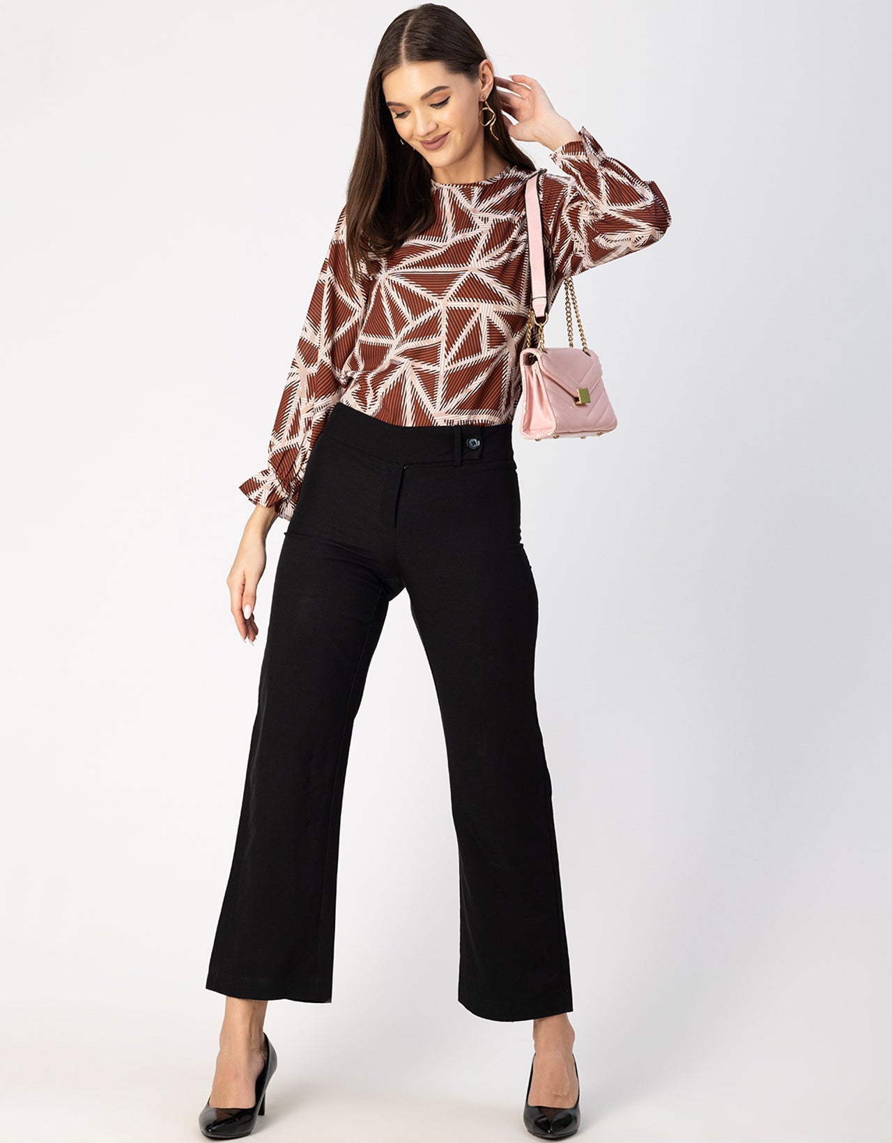 Long Sleeve Round Neck Printed Georgette Top