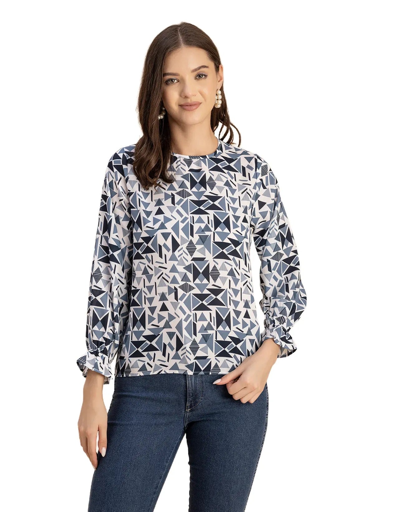 Long Sleeve Round Neck Printed Georgette Top