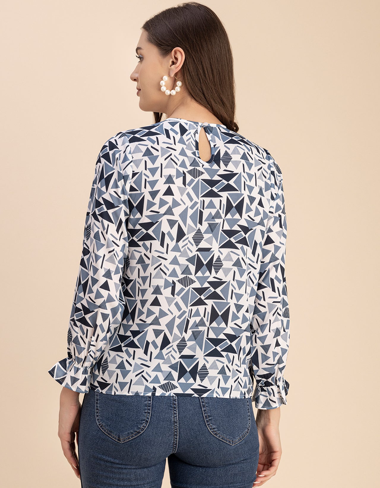 Long Sleeve Round Neck Printed Georgette Top