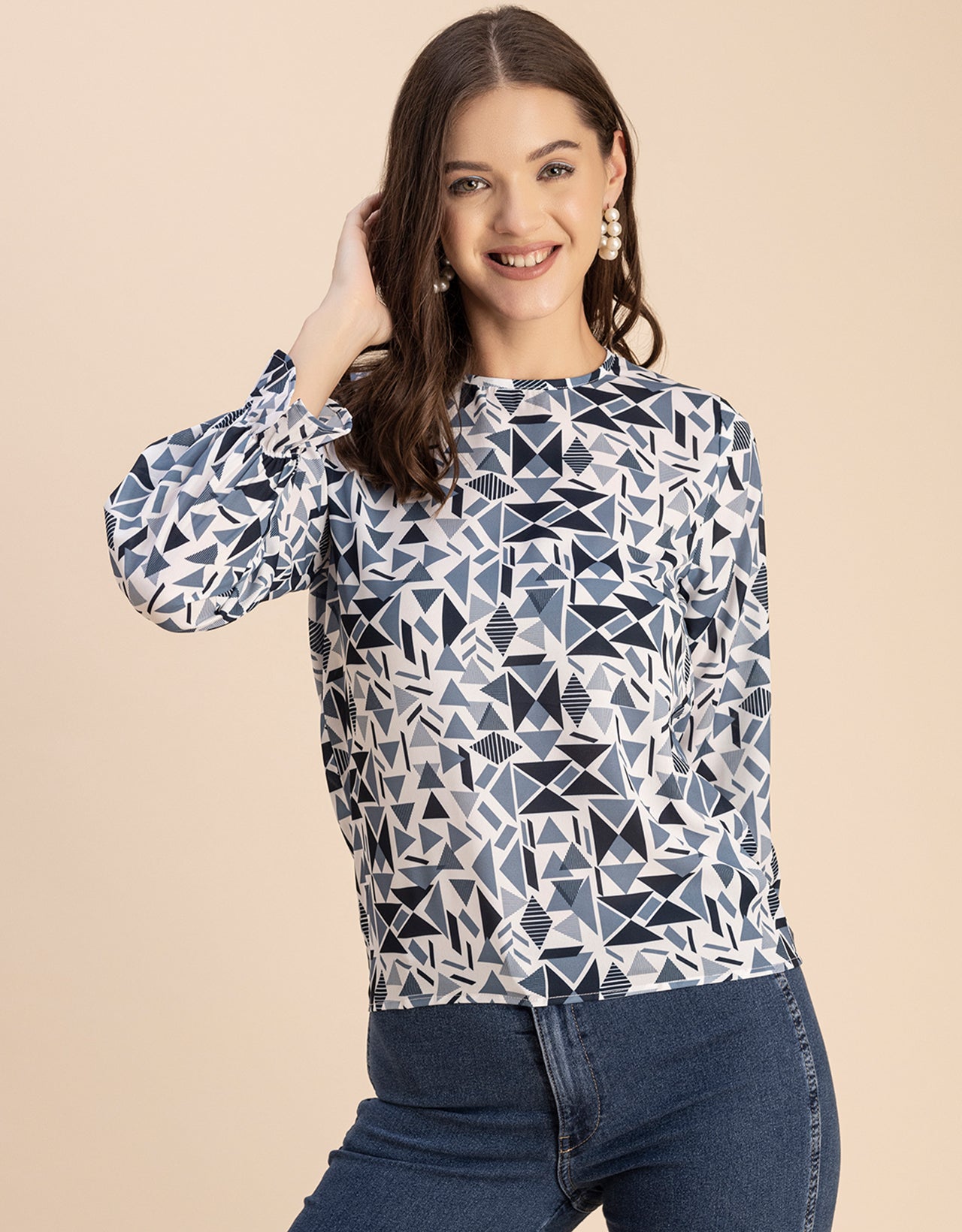 Long Sleeve Round Neck Printed Georgette Top