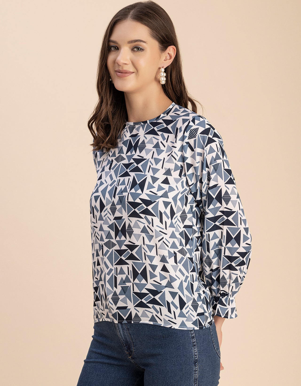 Long Sleeve Round Neck Printed Georgette Top