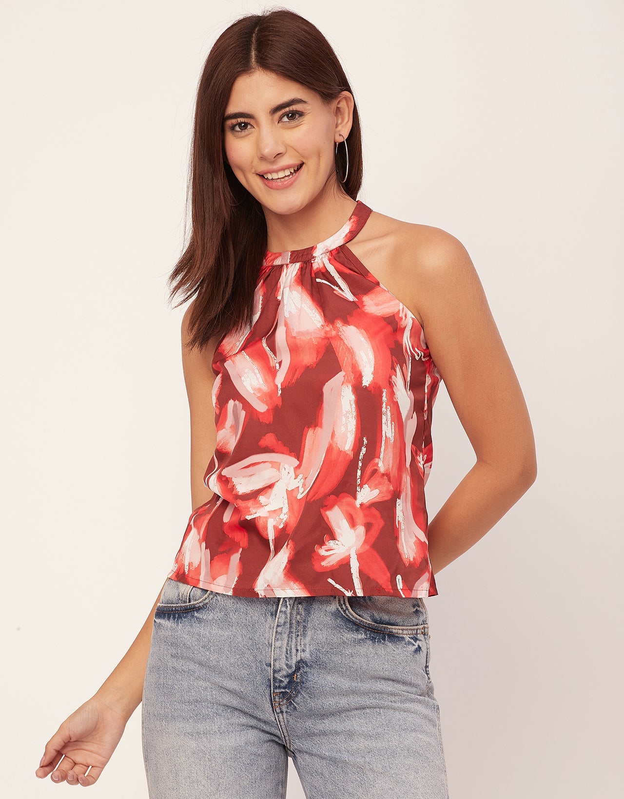Sleeveless Halter Neck Printed Loose Fit Top