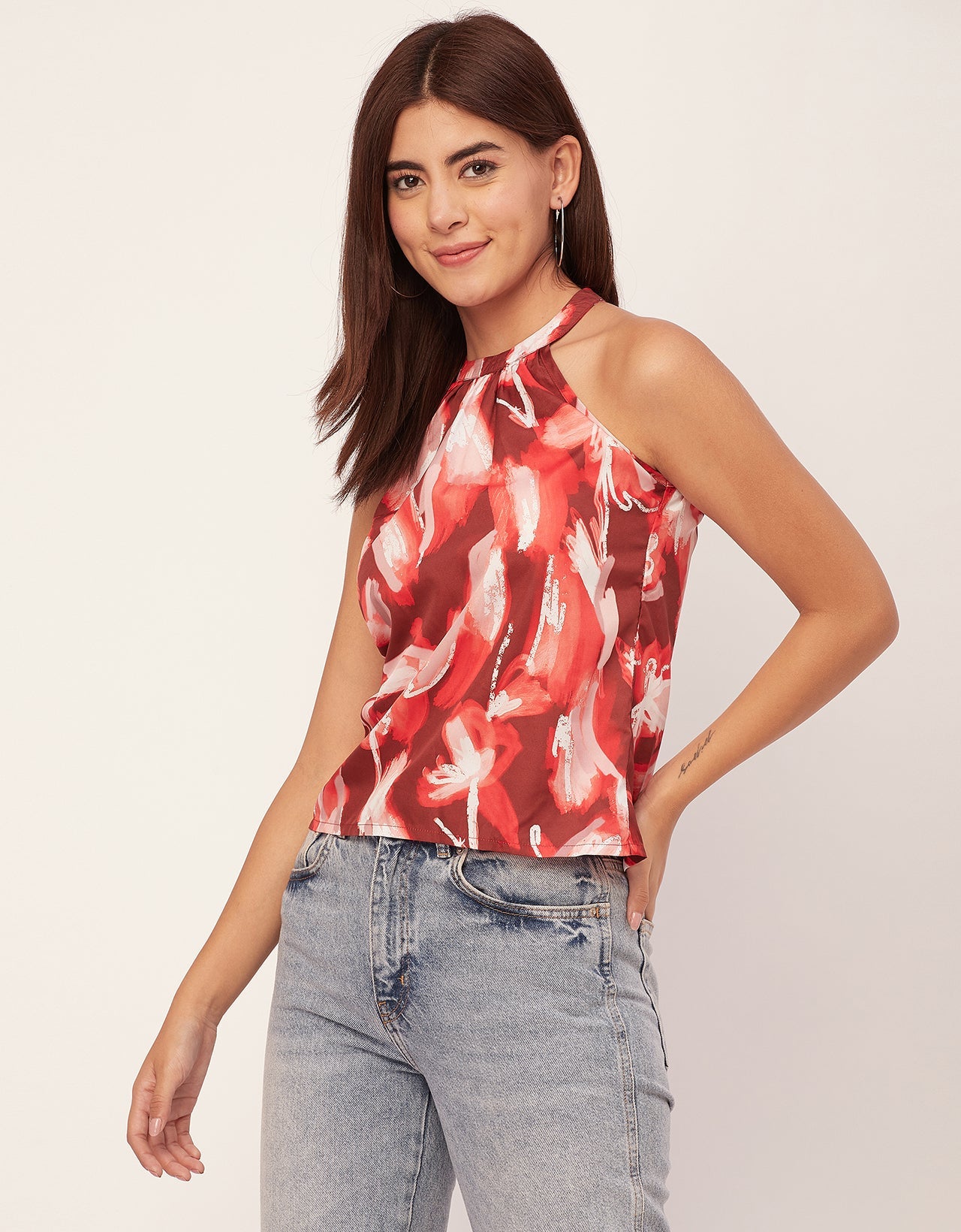 Sleeveless Halter Neck Printed Loose Fit Top