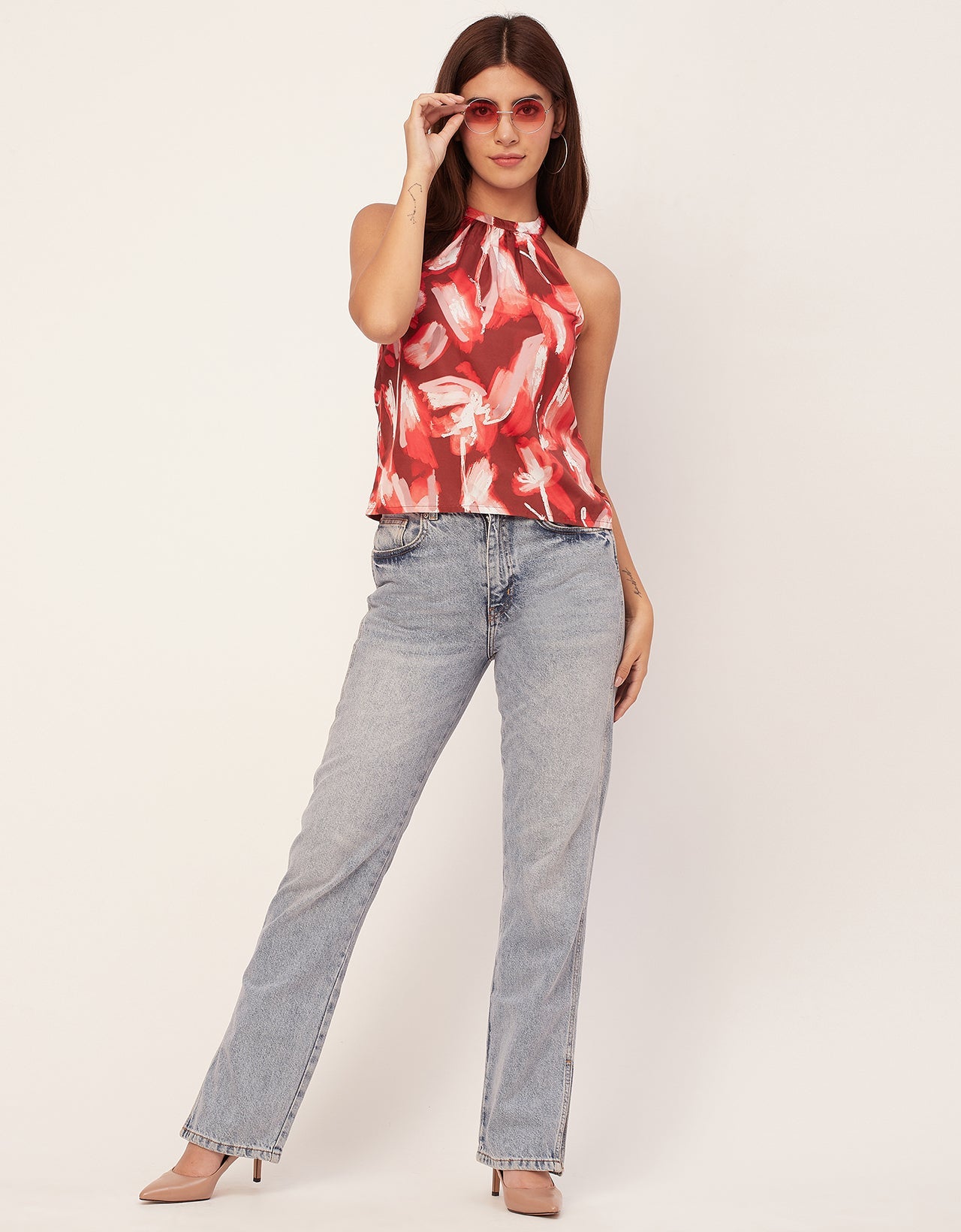 Sleeveless Halter Neck Printed Loose Fit Top