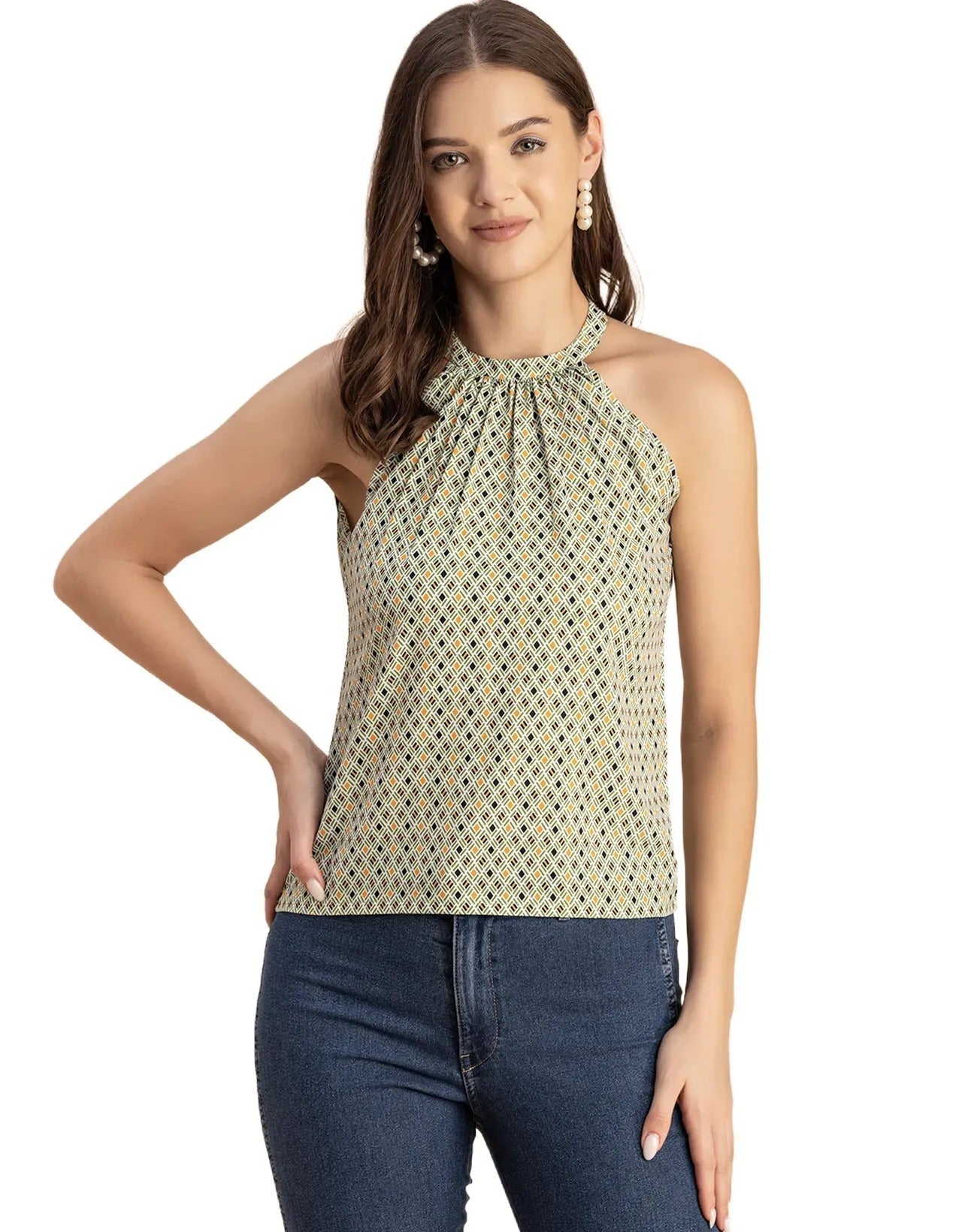 Sleeveless Halter Neck Printed Loose Fit Top
