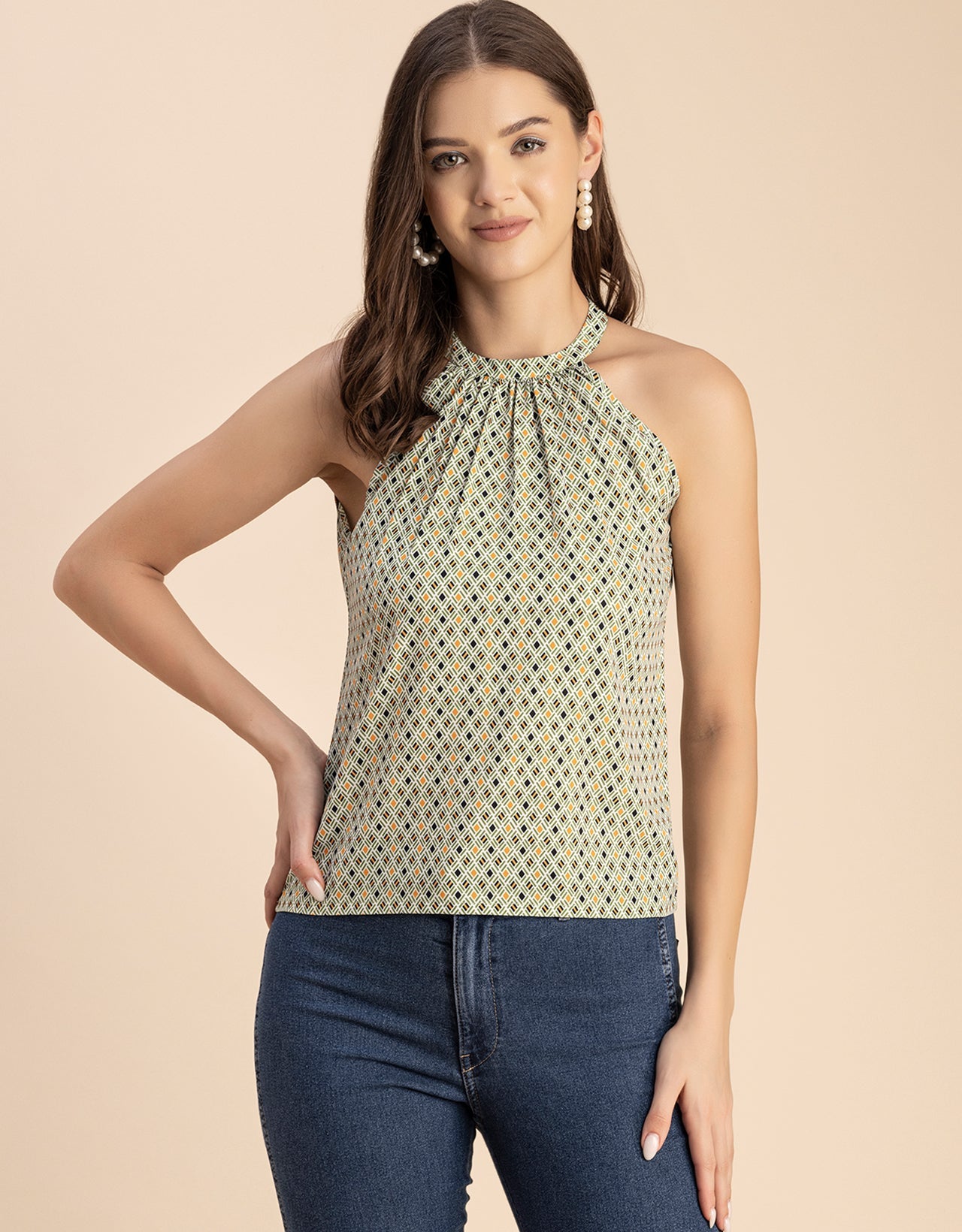 Sleeveless Halter Neck Printed Loose Fit Top