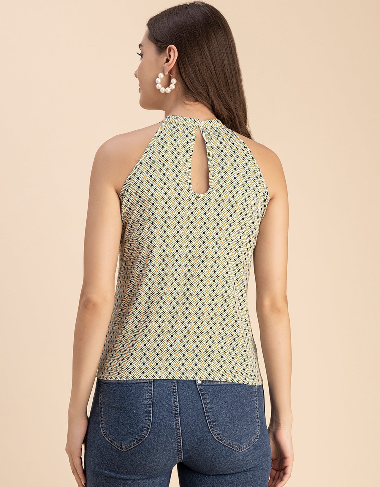 Sleeveless Halter Neck Printed Loose Fit Top