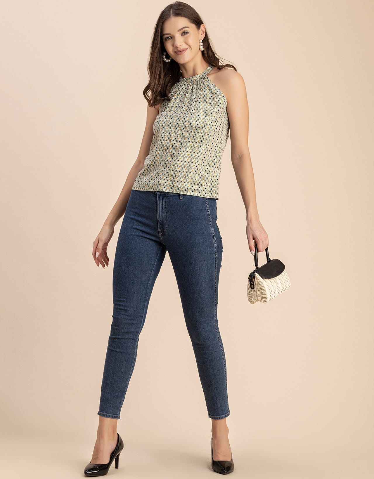 Sleeveless Halter Neck Printed Loose Fit Top
