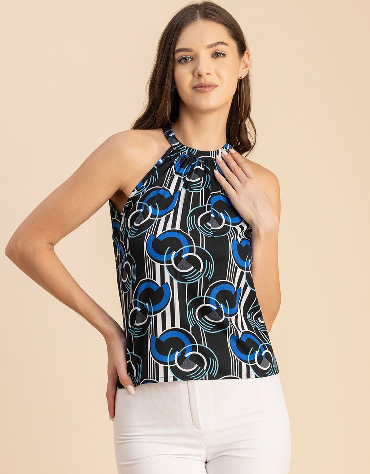 Sleeveless Halter Neck Printed Loose Fit Top