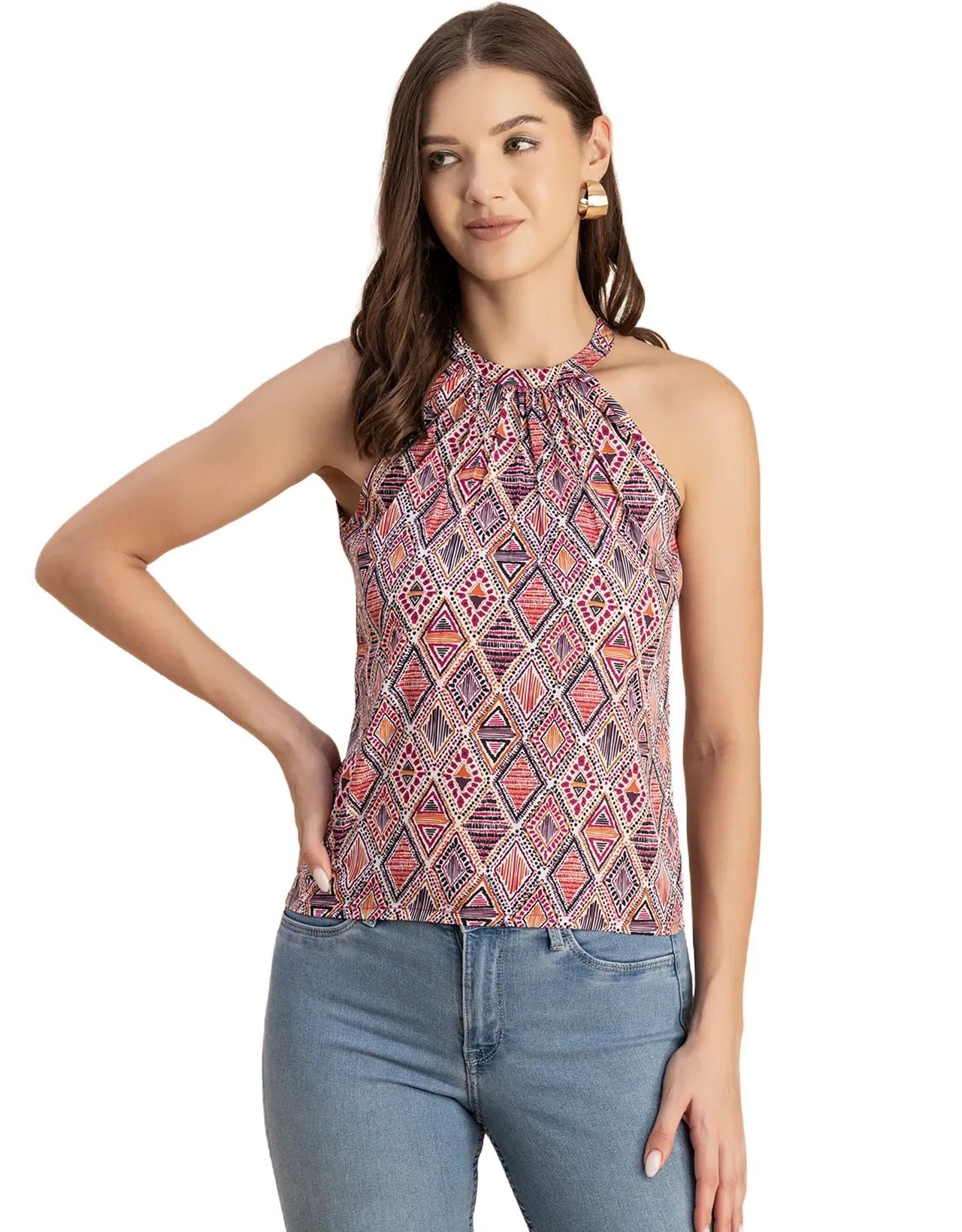 Sleeveless Halter Neck Printed Loose Fit Top