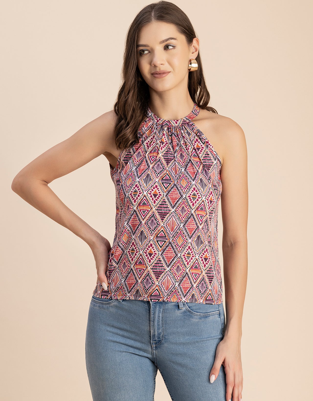 Sleeveless Halter Neck Printed Loose Fit Top