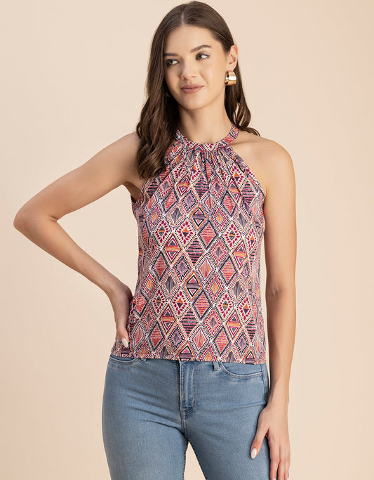 Sleeveless Halter Neck Printed Loose Fit Top