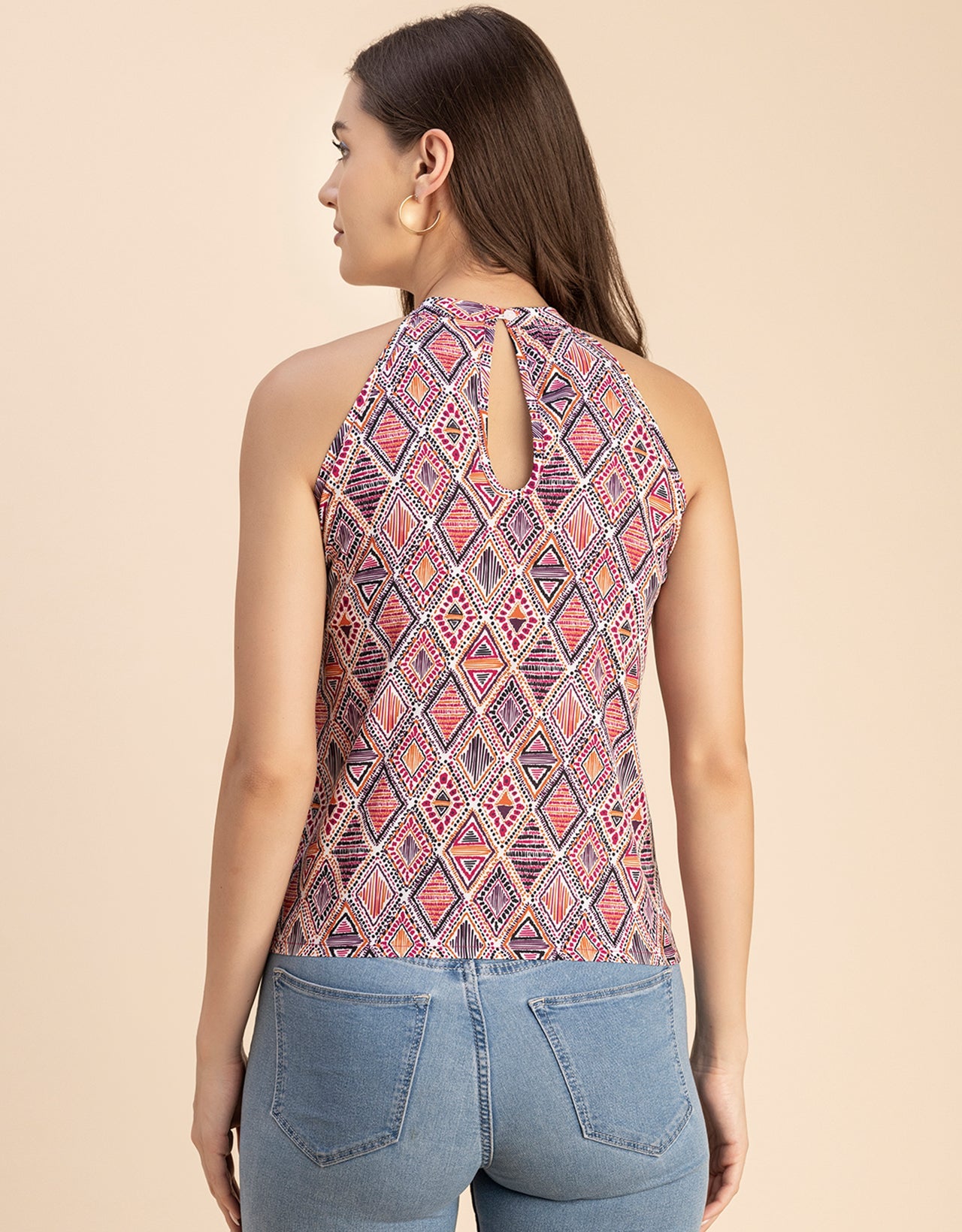 Sleeveless Halter Neck Printed Loose Fit Top