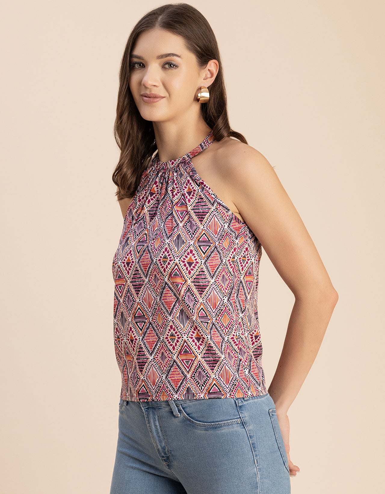 Sleeveless Halter Neck Printed Loose Fit Top