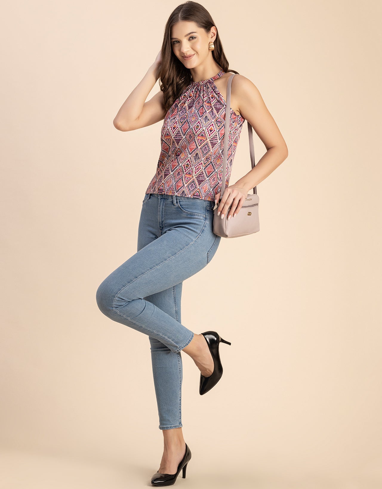 Sleeveless Halter Neck Printed Loose Fit Top