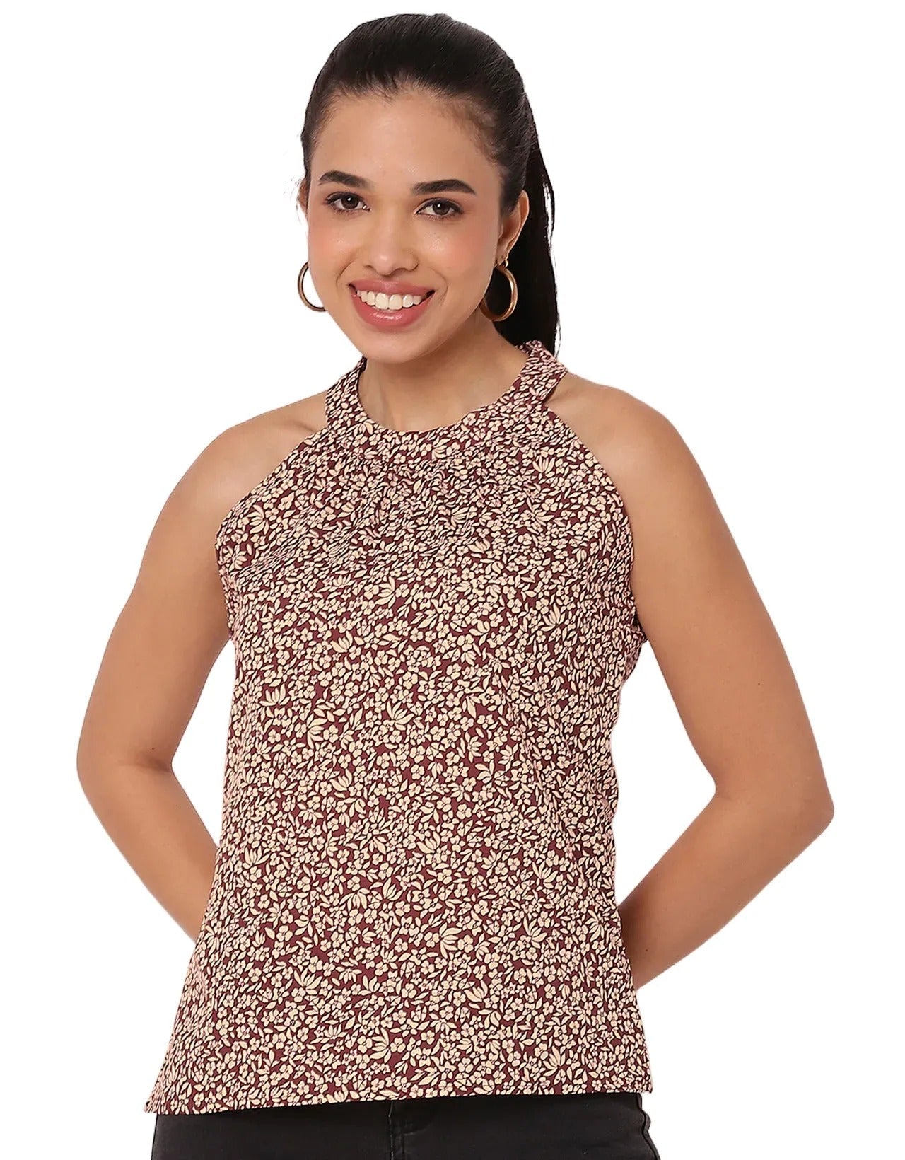 Sleeveless Halter Neck Printed Loose Fit Top