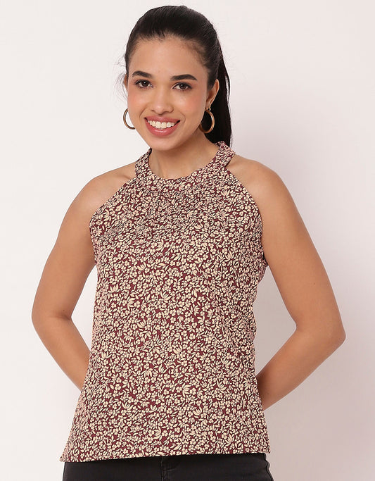 Sleeveless Halter Neck Printed Loose Fit Top