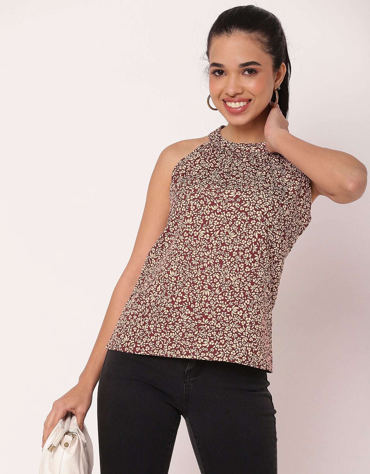 Sleeveless Halter Neck Printed Loose Fit Top
