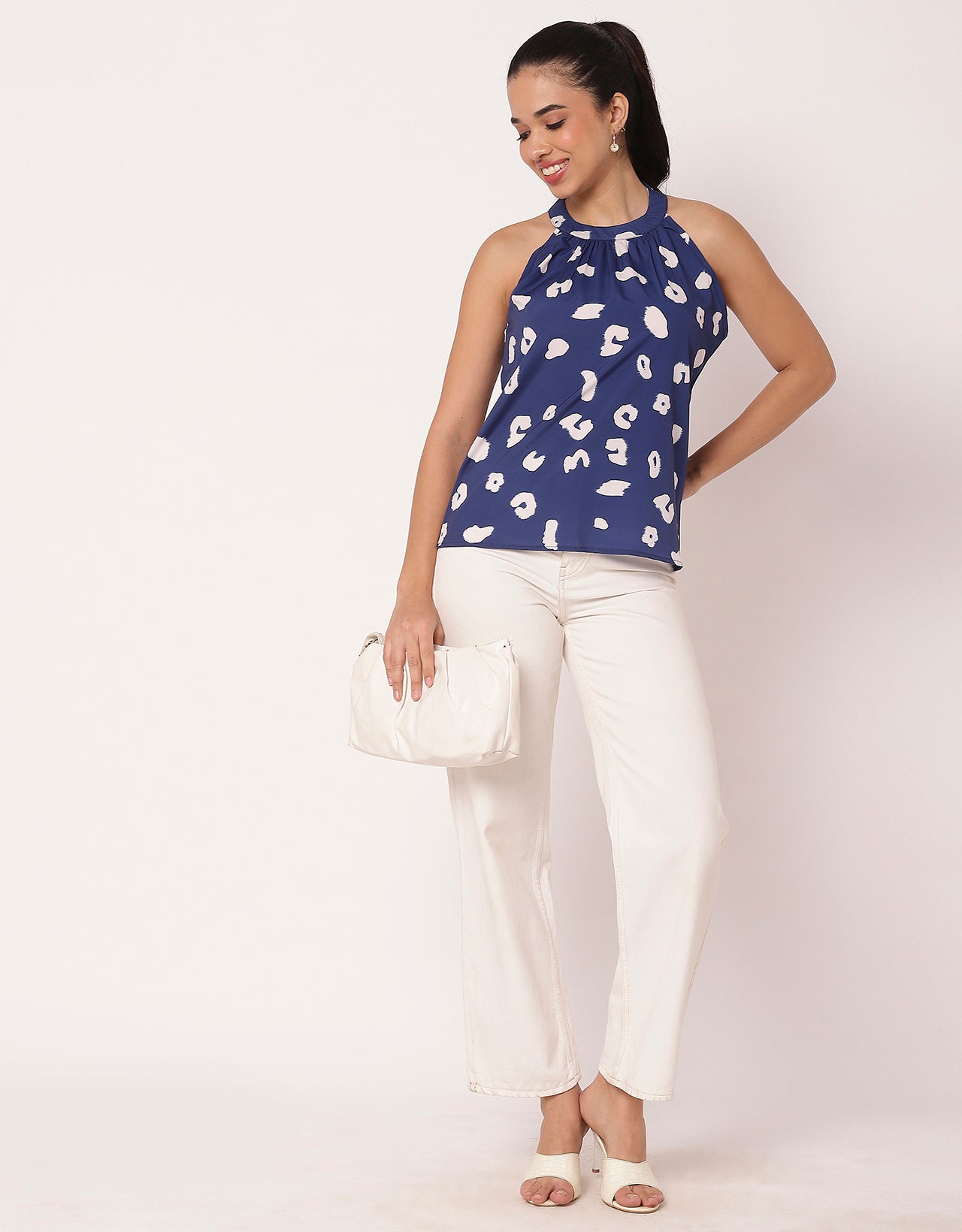 Sleeveless Halter Neck Printed Loose Fit Top