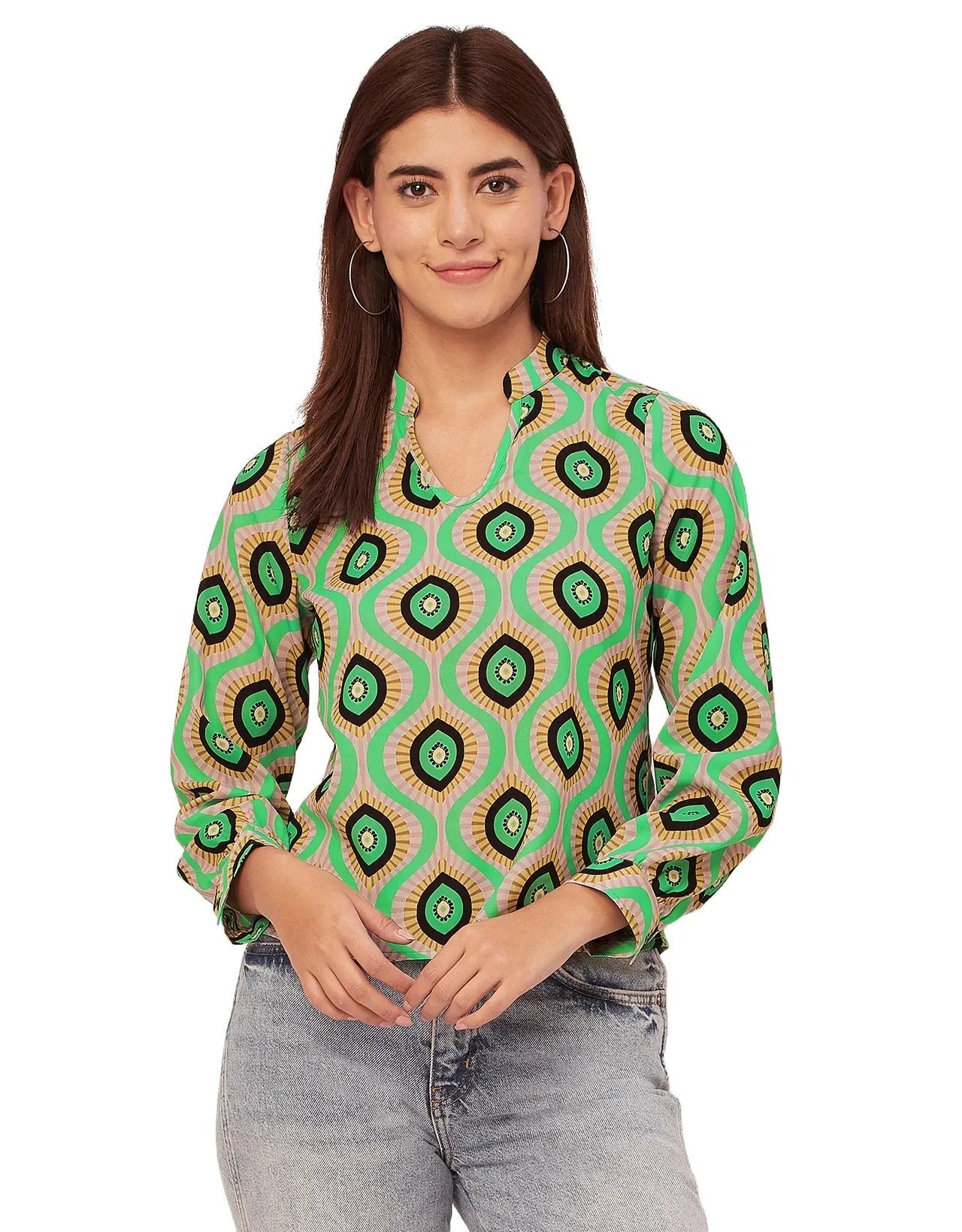 Long Sleeve Band Collar Printed Top
