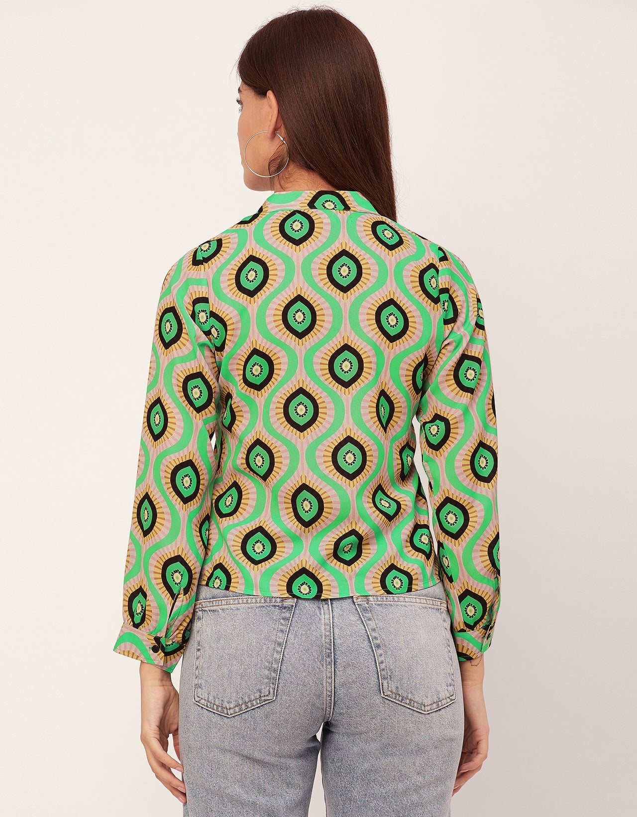 Long Sleeve Band Collar Printed Top