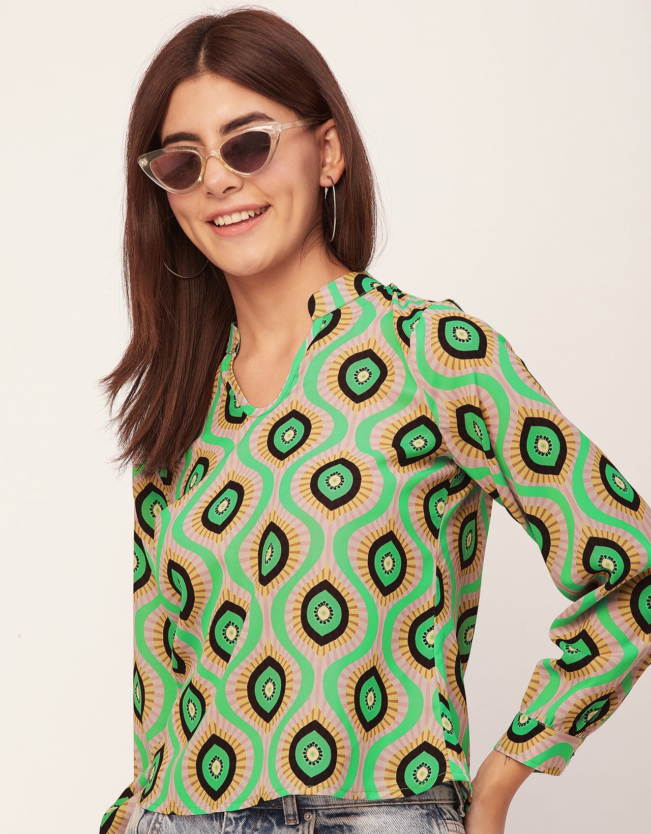 Long Sleeve Band Collar Printed Top
