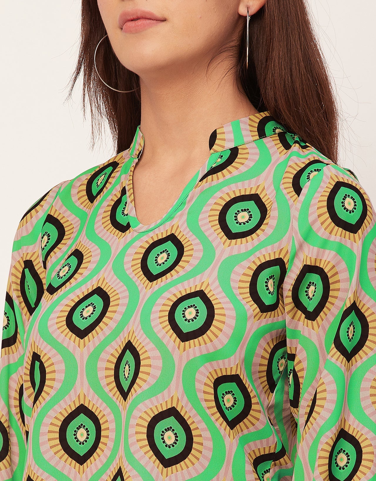 Long Sleeve Band Collar Printed Top