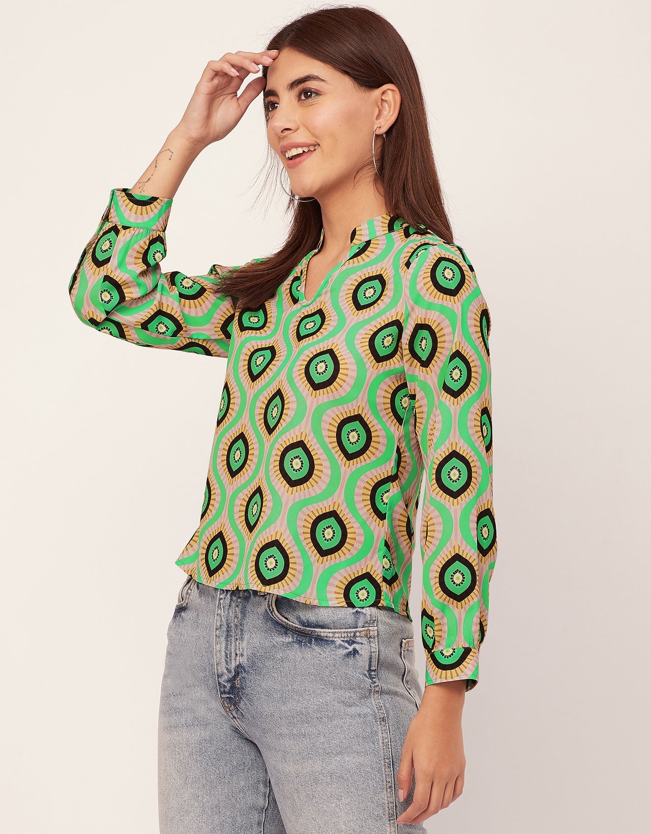 Long Sleeve Band Collar Printed Top
