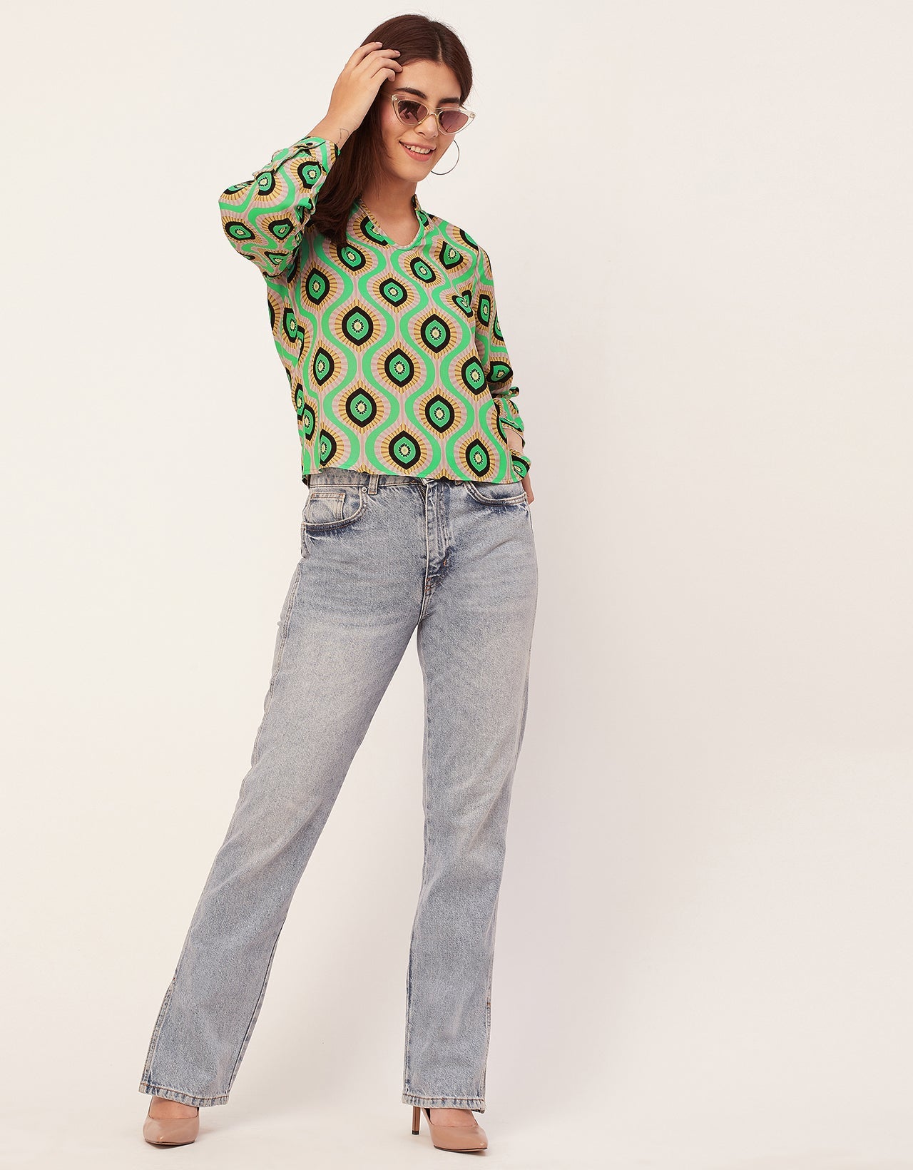 Long Sleeve Band Collar Printed Top
