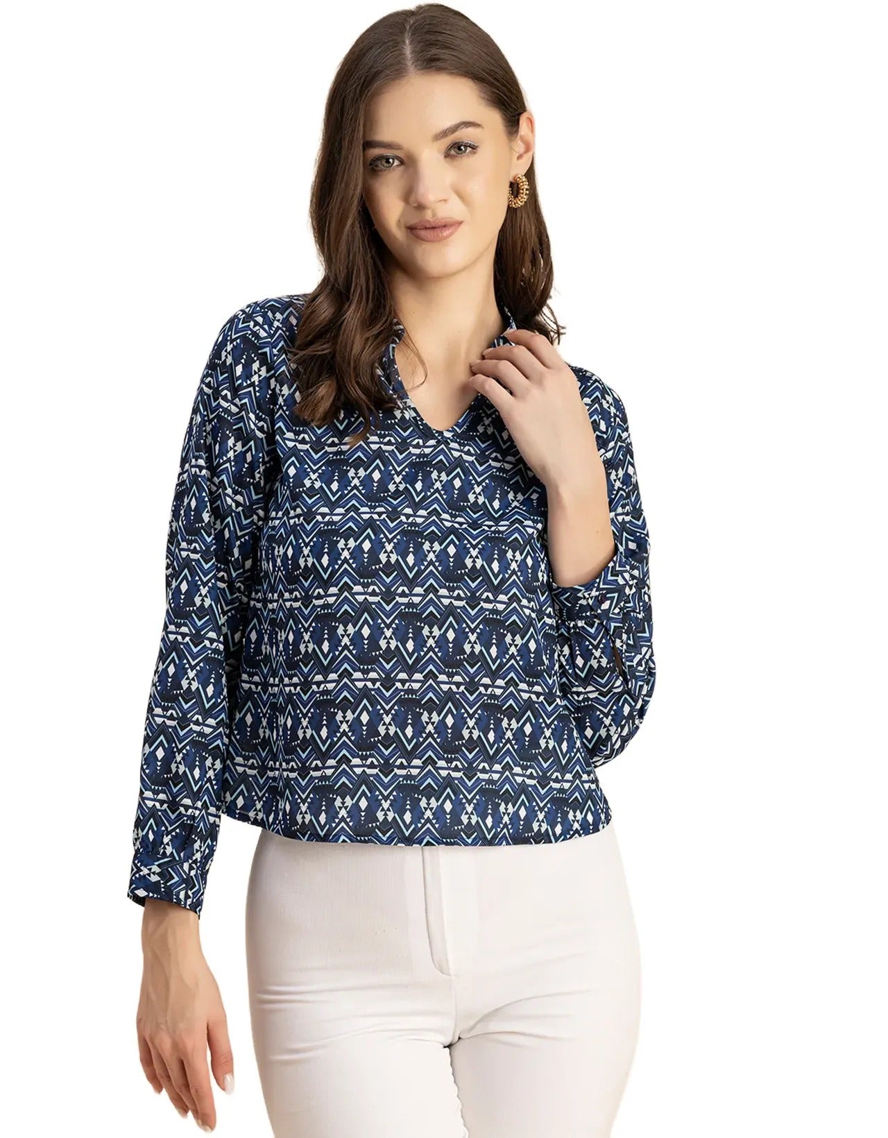Long Sleeve Band Collar Printed Top