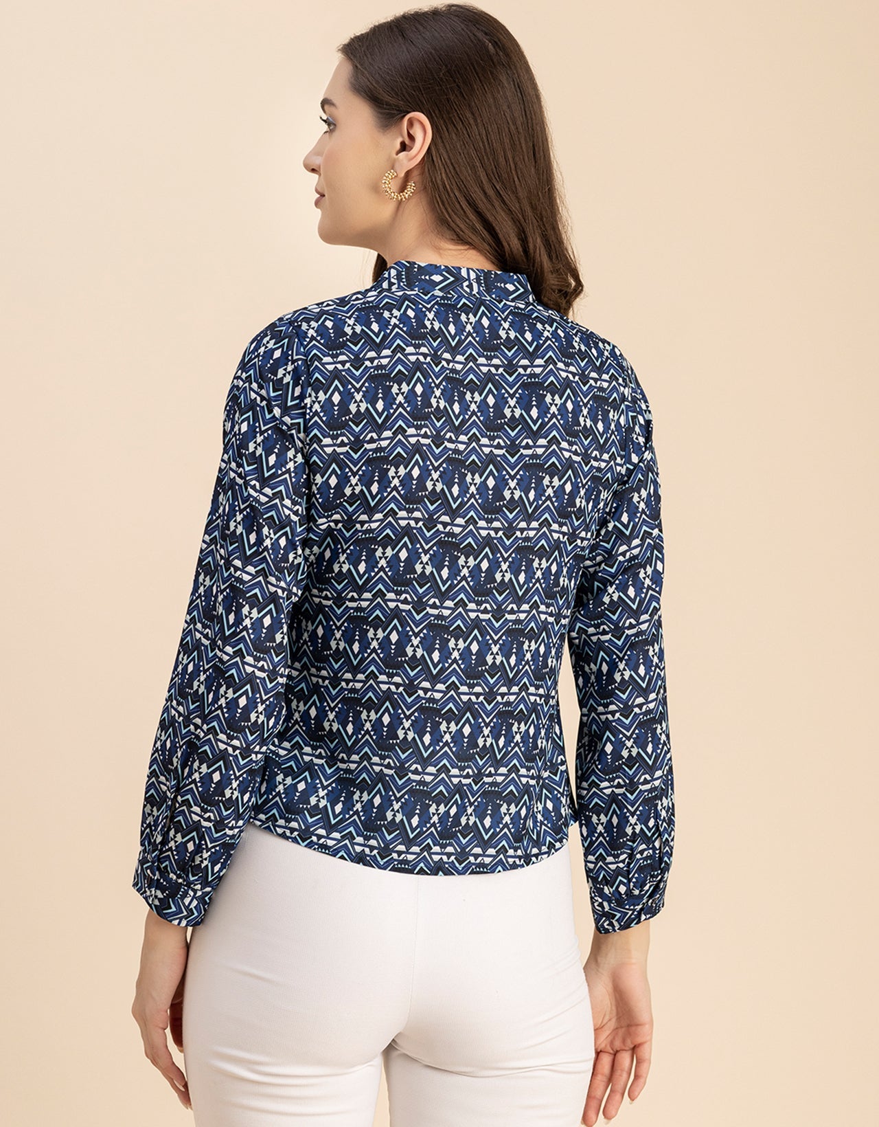 Long Sleeve Band Collar Printed Top