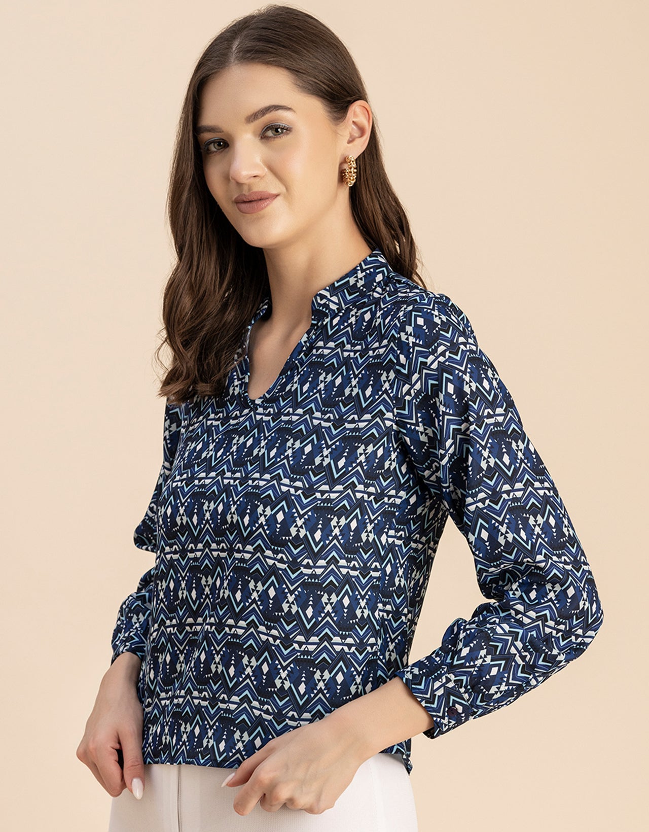 Long Sleeve Band Collar Printed Top