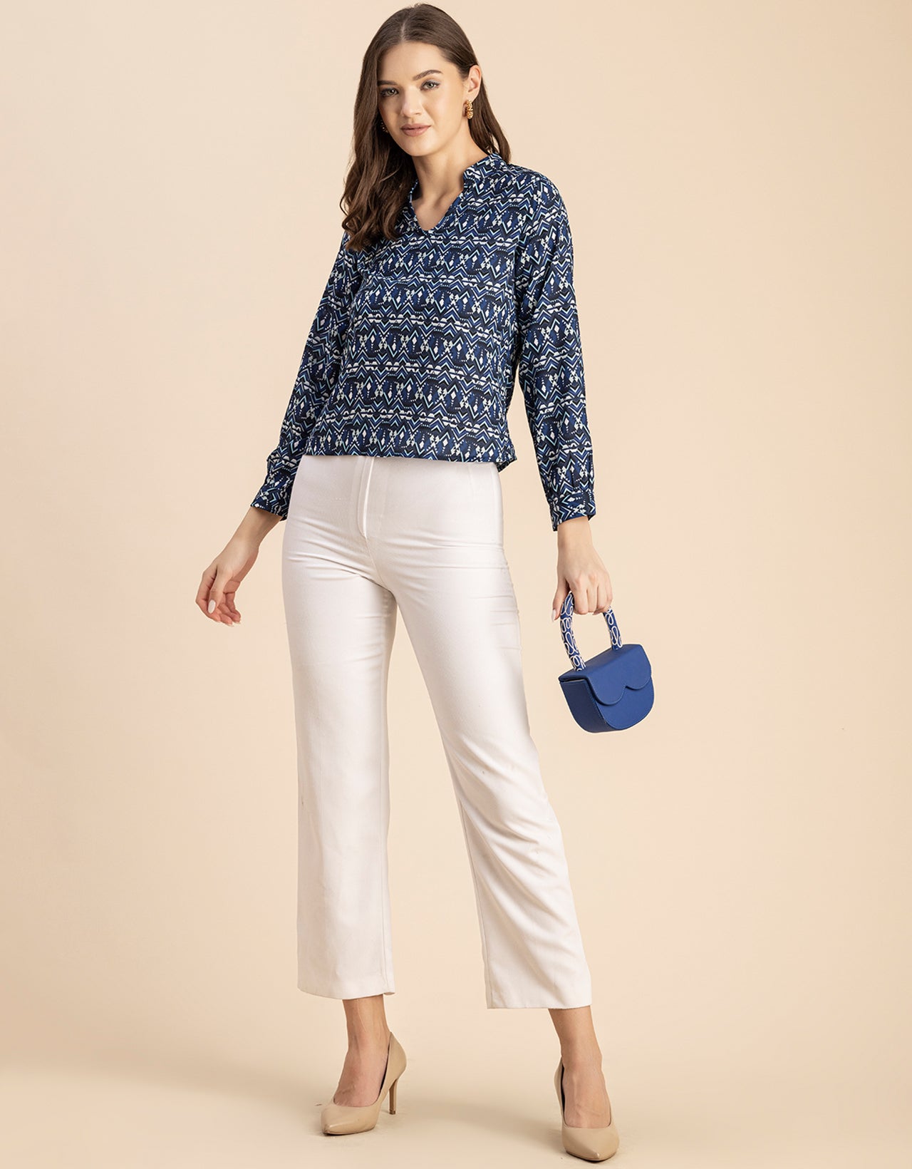 Long Sleeve Band Collar Printed Top