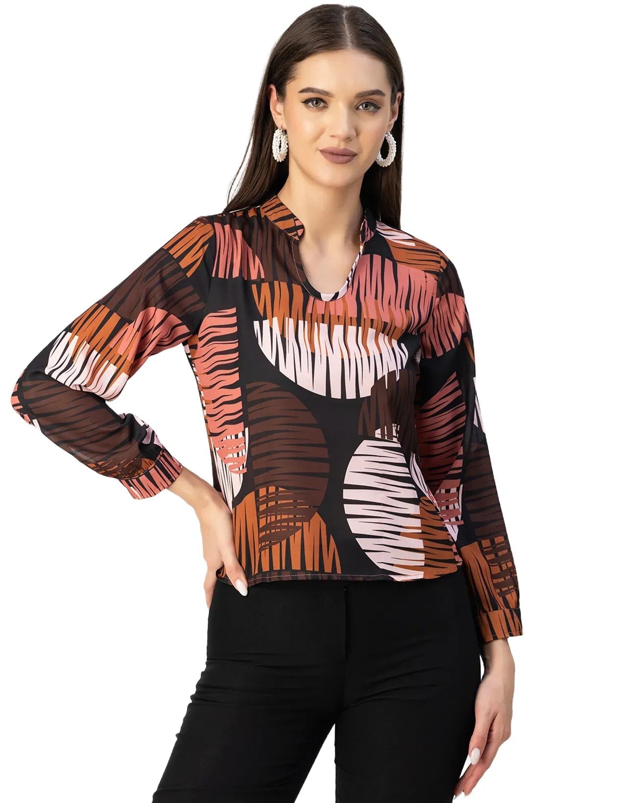 Long Sleeve Band Collar Printed Top
