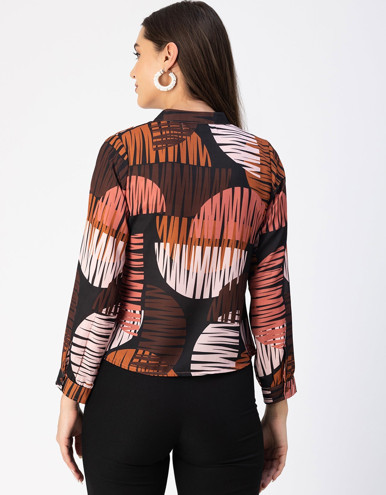 Long Sleeve Band Collar Printed Top