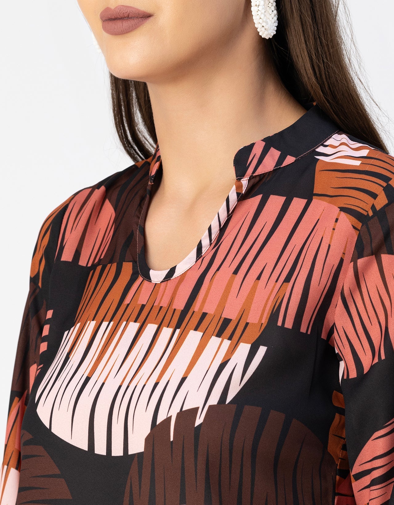 Long Sleeve Band Collar Printed Top