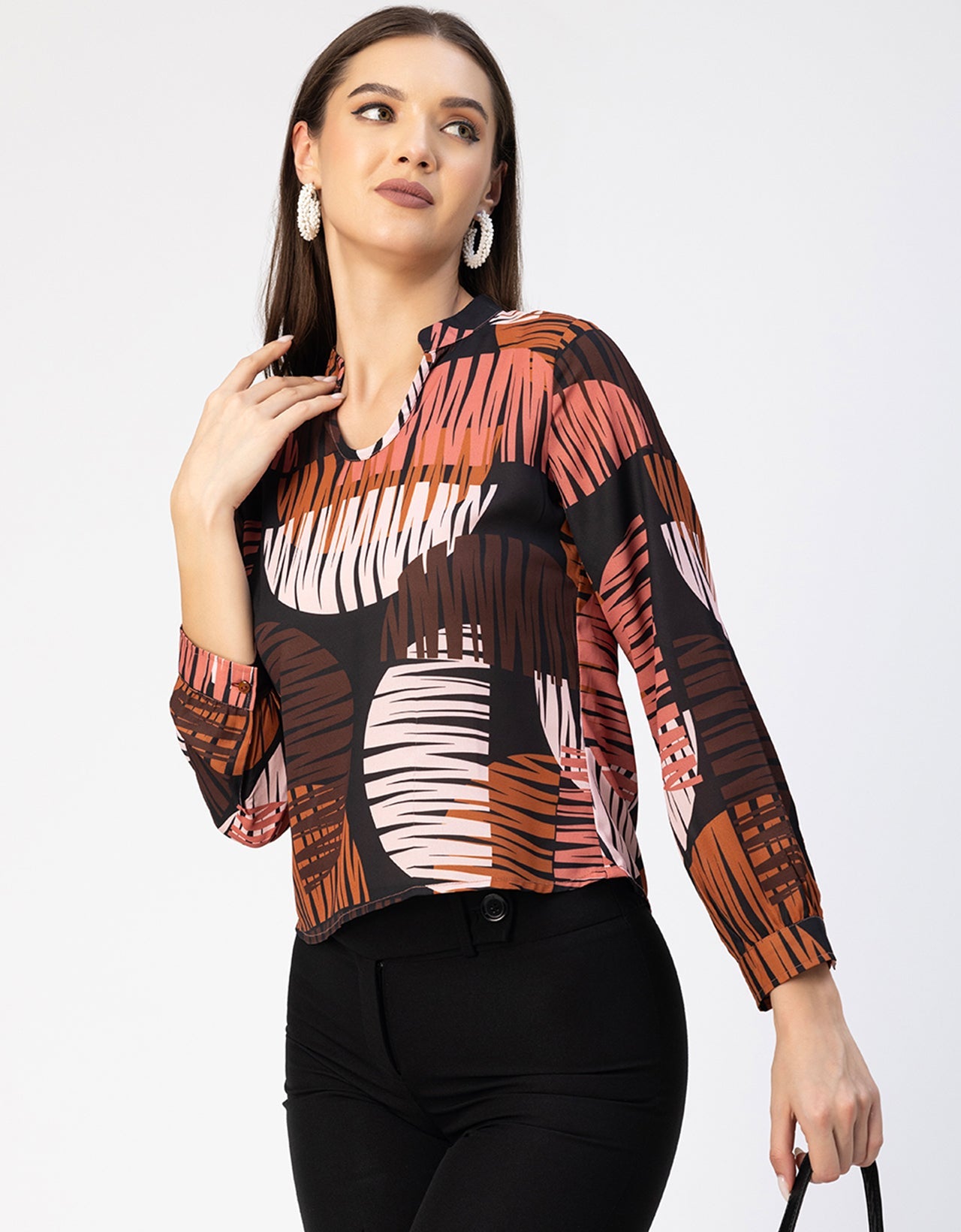 Long Sleeve Band Collar Printed Top