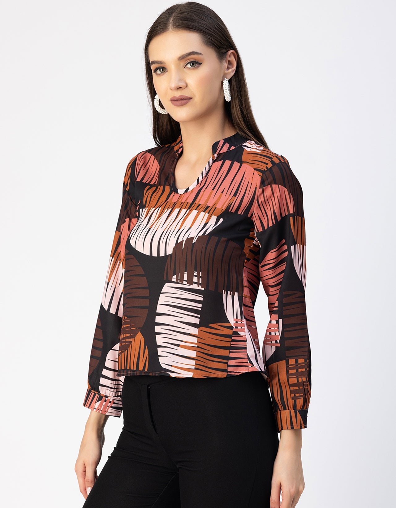 Long Sleeve Band Collar Printed Top