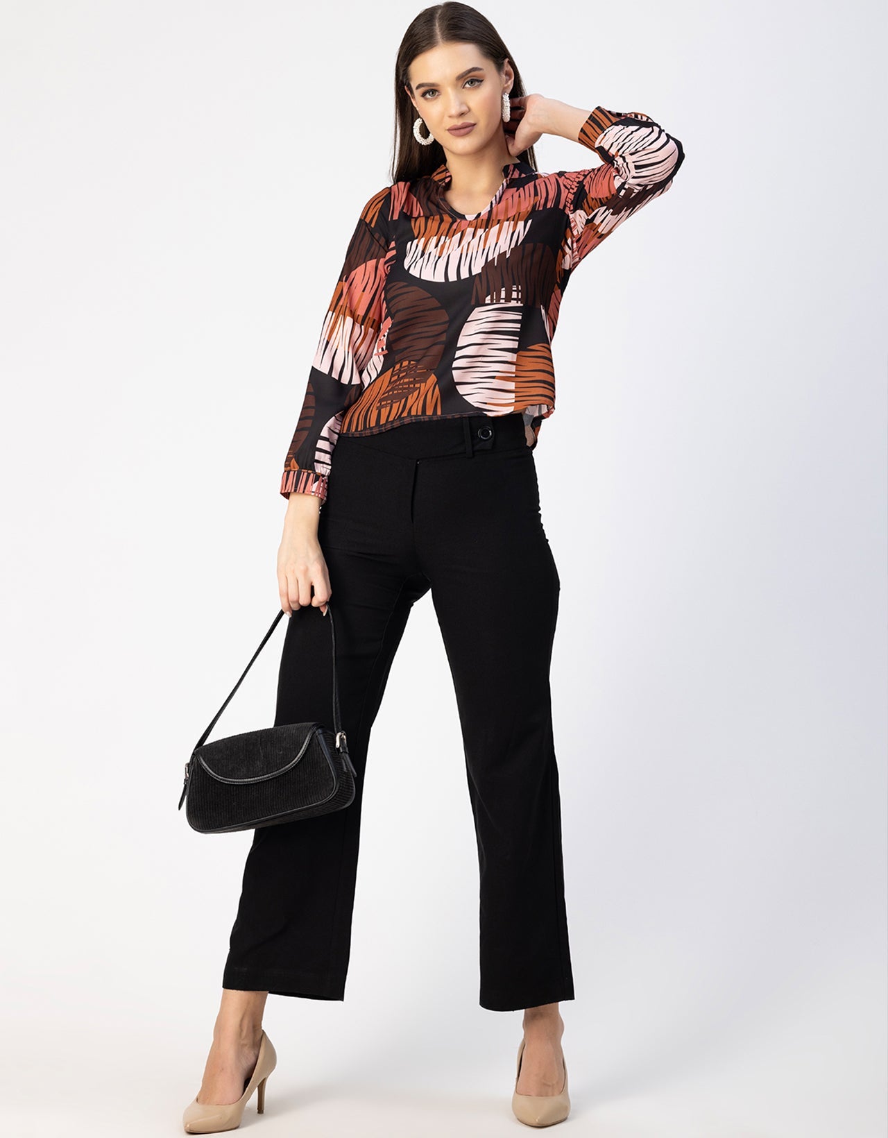 Long Sleeve Band Collar Printed Top