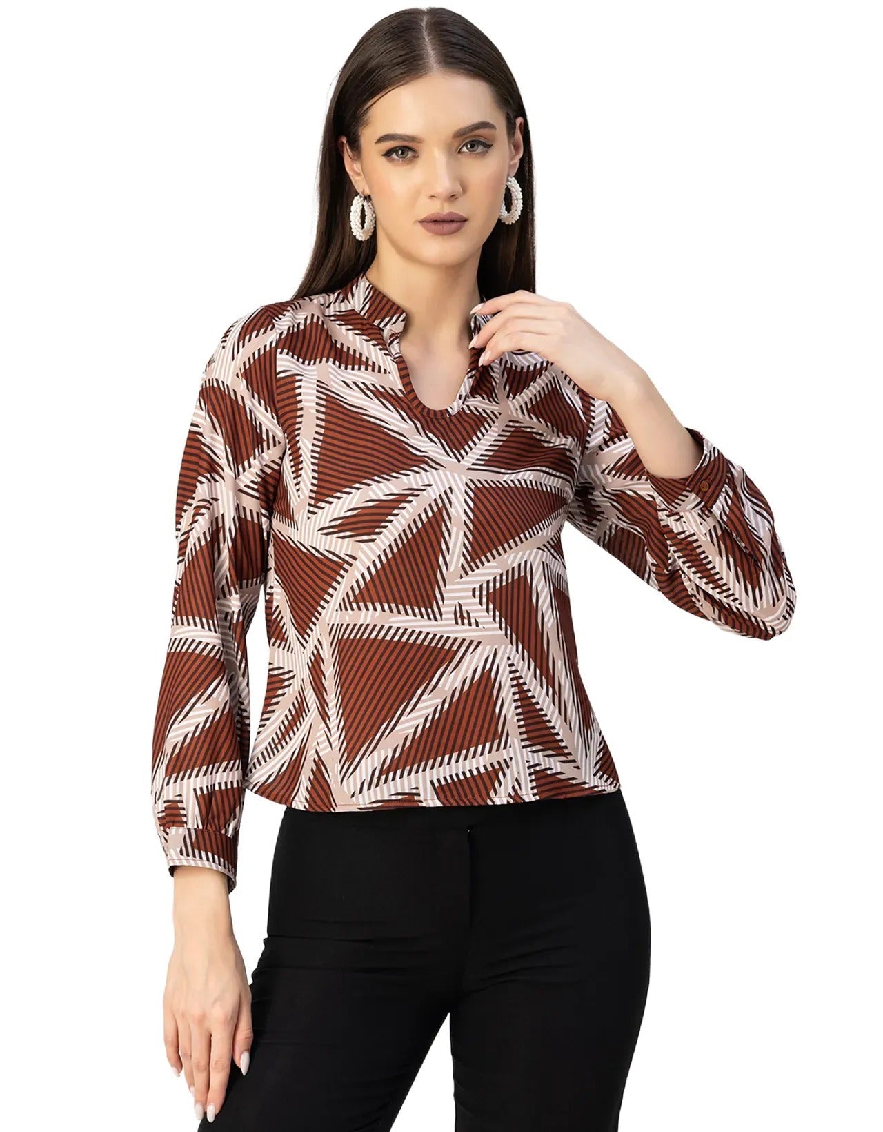Long Sleeve Band Collar Printed Top
