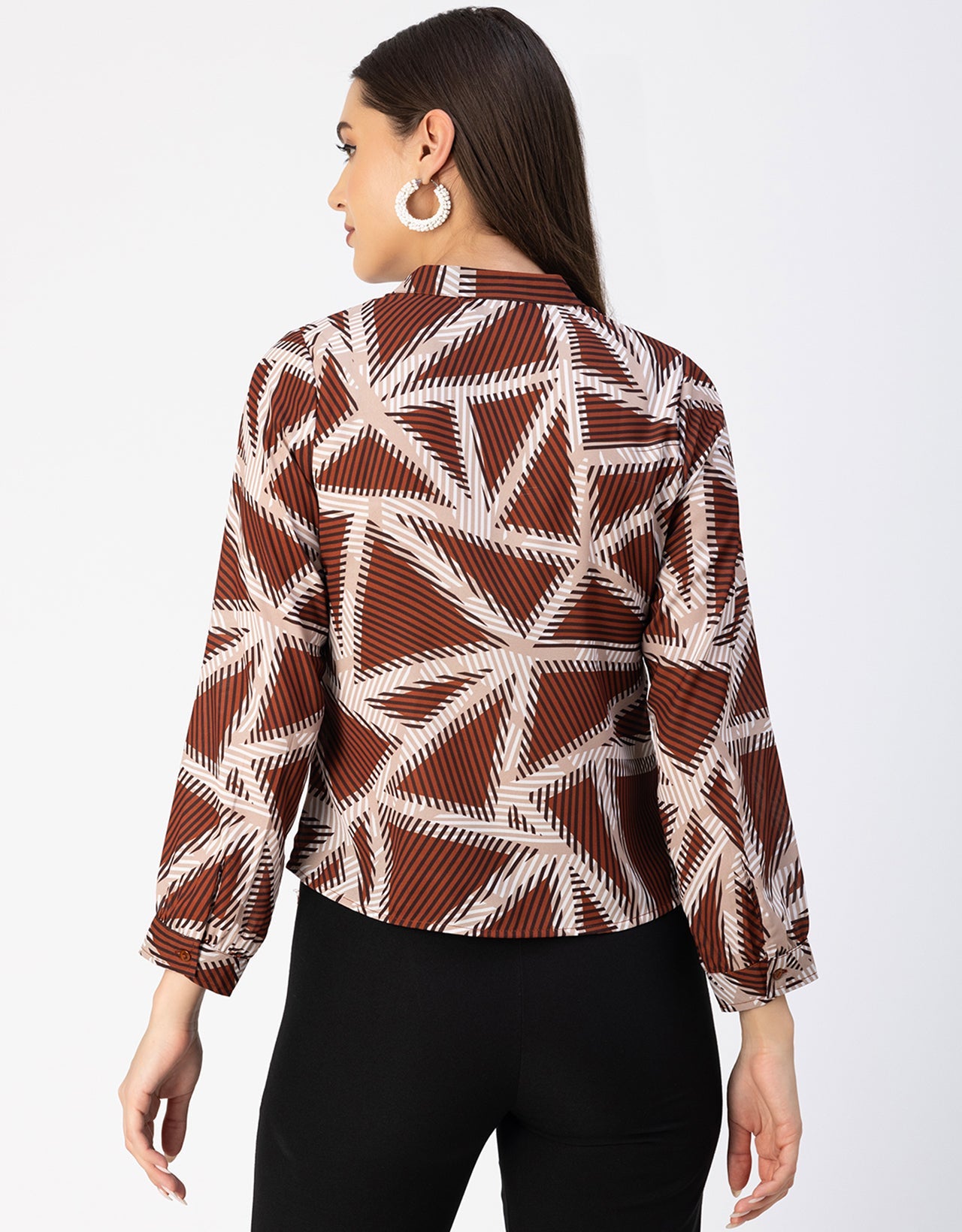 Long Sleeve Band Collar Printed Top