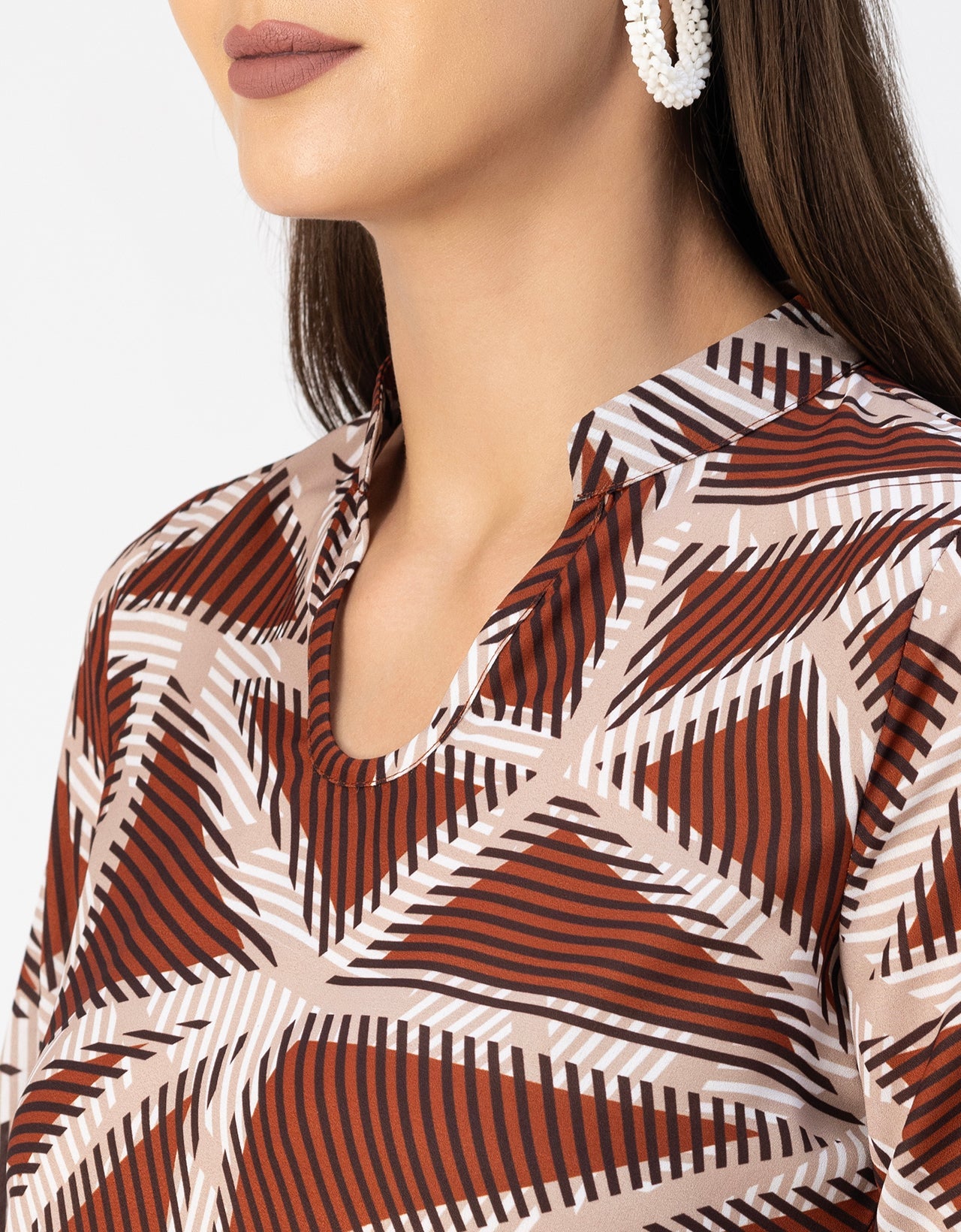 Long Sleeve Band Collar Printed Top