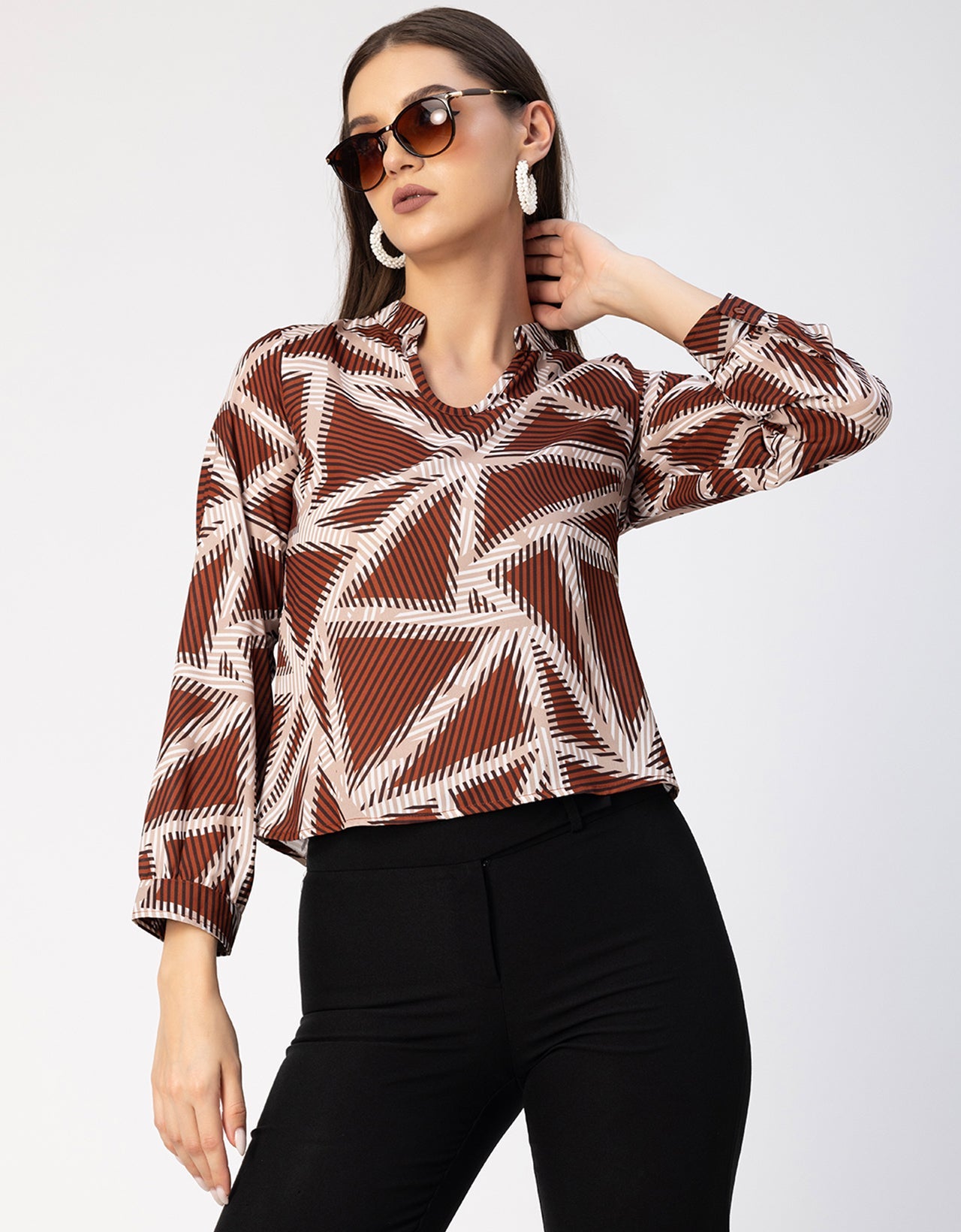 Long Sleeve Band Collar Printed Top
